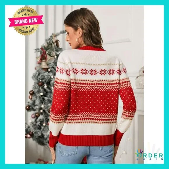 Festive Fair Isle Pullover Cozy Ribbed Knit Crewneck Holiday Sweater